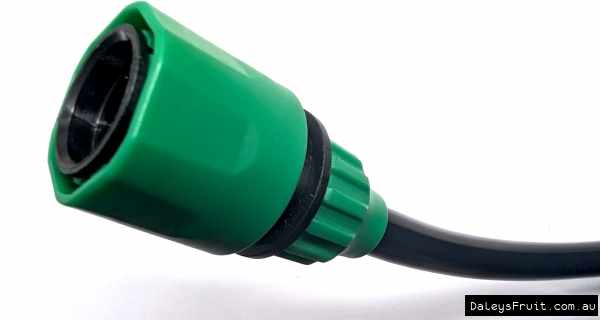 Shows how it looks fully connected and tight ready to connect to click onto a male tap adapter or your smart irrigation controller