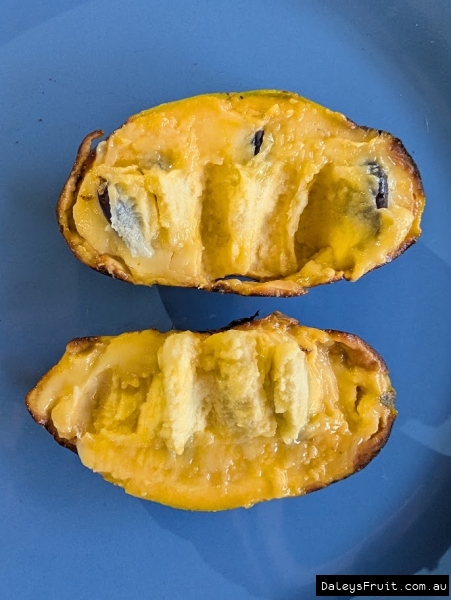 North American Paw Paw cut to show ripe yellow custard flesh and dark seeds