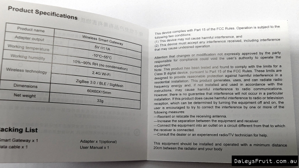 Product Specifications of the smart gateway manual
