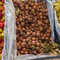 Display box of mixed ripe Medlar fruit for sale 